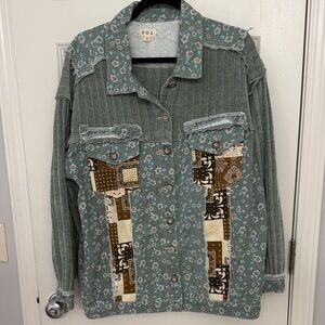 POL Women's Green and Brown Patchwork Jean Jacket